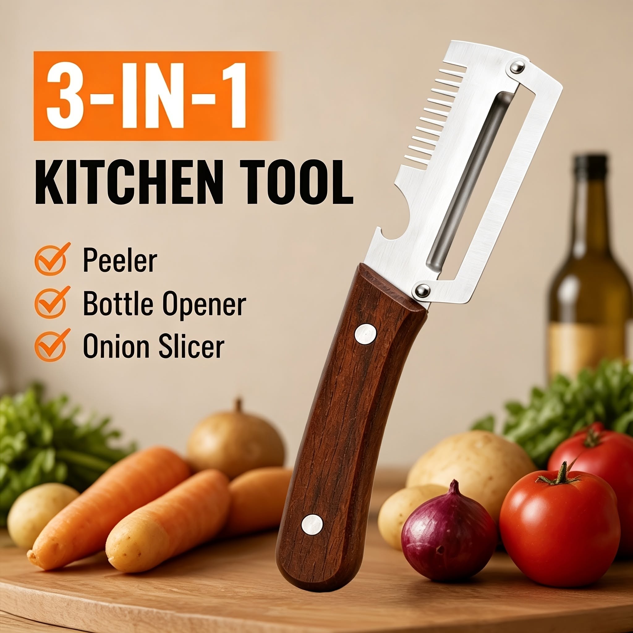3-in-1 Kitchen Tool Vegetable Peeler, Onion Slicer & Bottle Opener | Multipurpose Kitchen Gadget