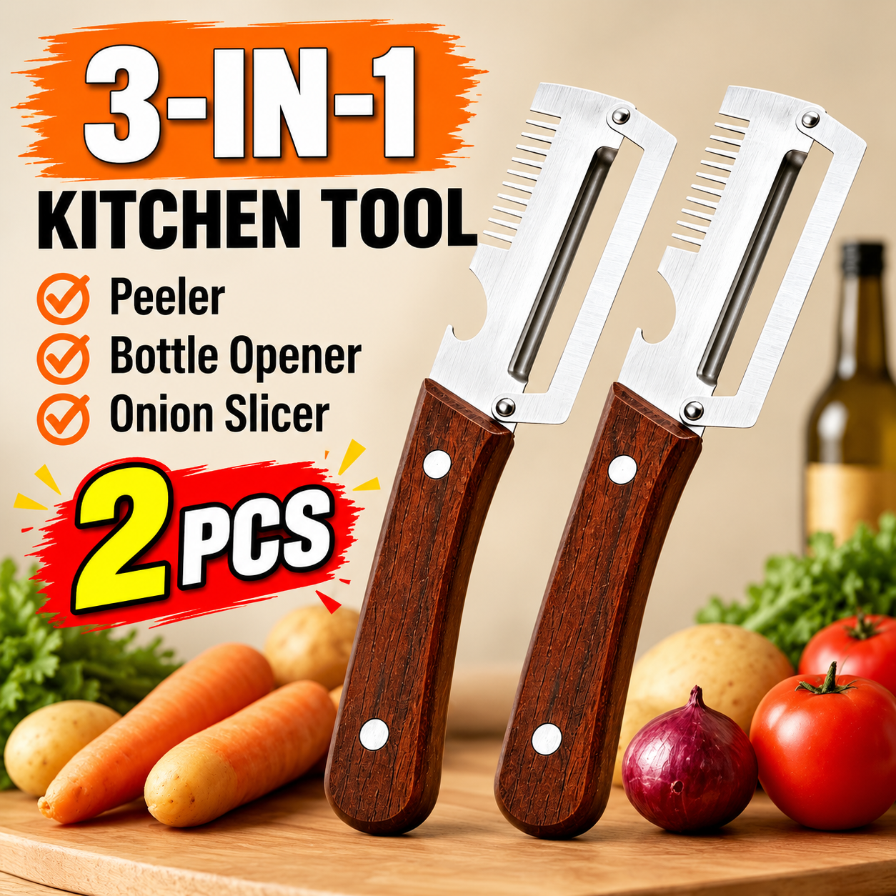 3-in-1 Kitchen Tool Vegetable Peeler, Onion Slicer & Bottle Opener | Multipurpose Kitchen Gadget 2 pcs